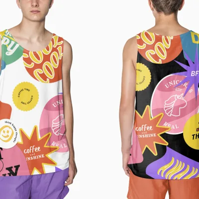 Aesthetic and colorful printed tank tops for teenage apparel studio shoot