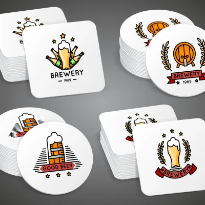 Beverage coaster with beer labels vector set. Beer coaster with logo, illustration coaster for mug beer